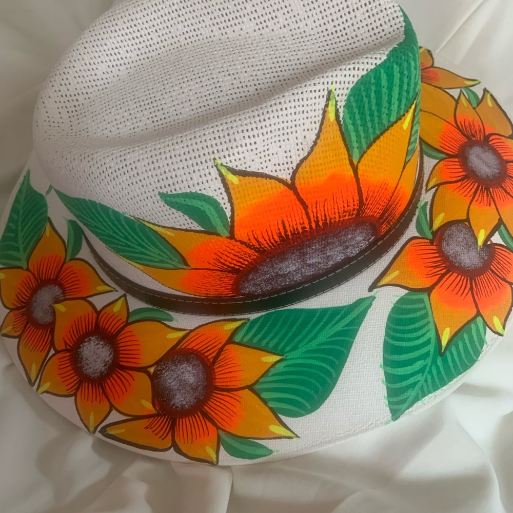White straw hat with hand painted flower